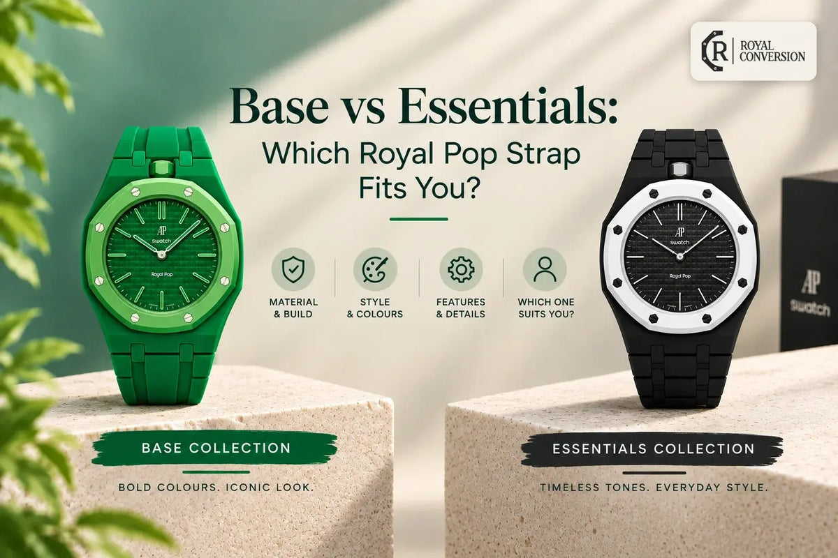 Comparison of Royal Pop watches, featuring a green Base collection model and a black and white Essentials collection model to highlight the differences in their straps.