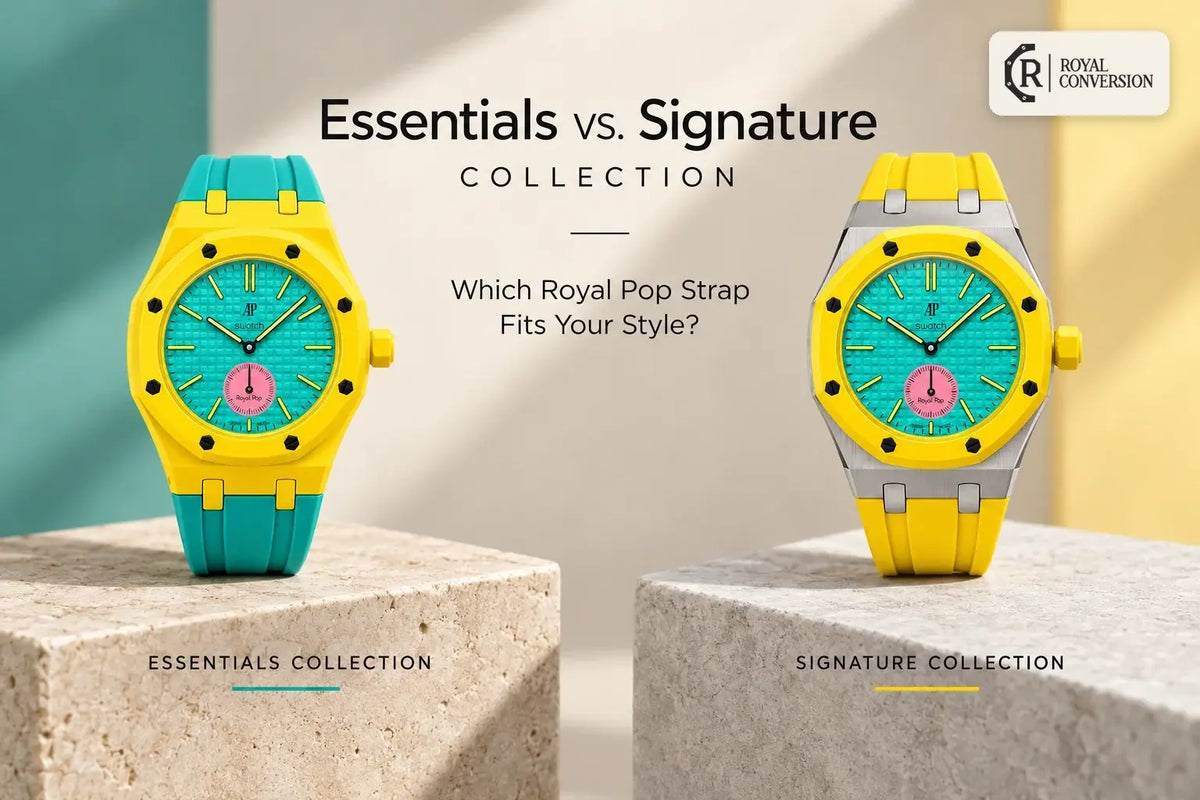 Two Royal Pop strap watches featuring yellow and teal designs, displayed side-by-side to highlight an Essentials versus Signature collection.