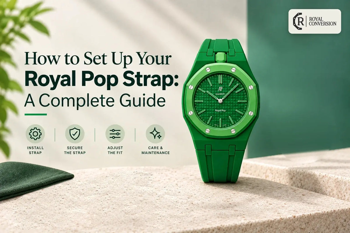 A bright green AP x Swatch Royal Pop watch is centered next to text titled How to Set Up Your Royal Pop Strap: A Complete Guide, including icons for installing, securing, adjusting, and maintaining the strap.